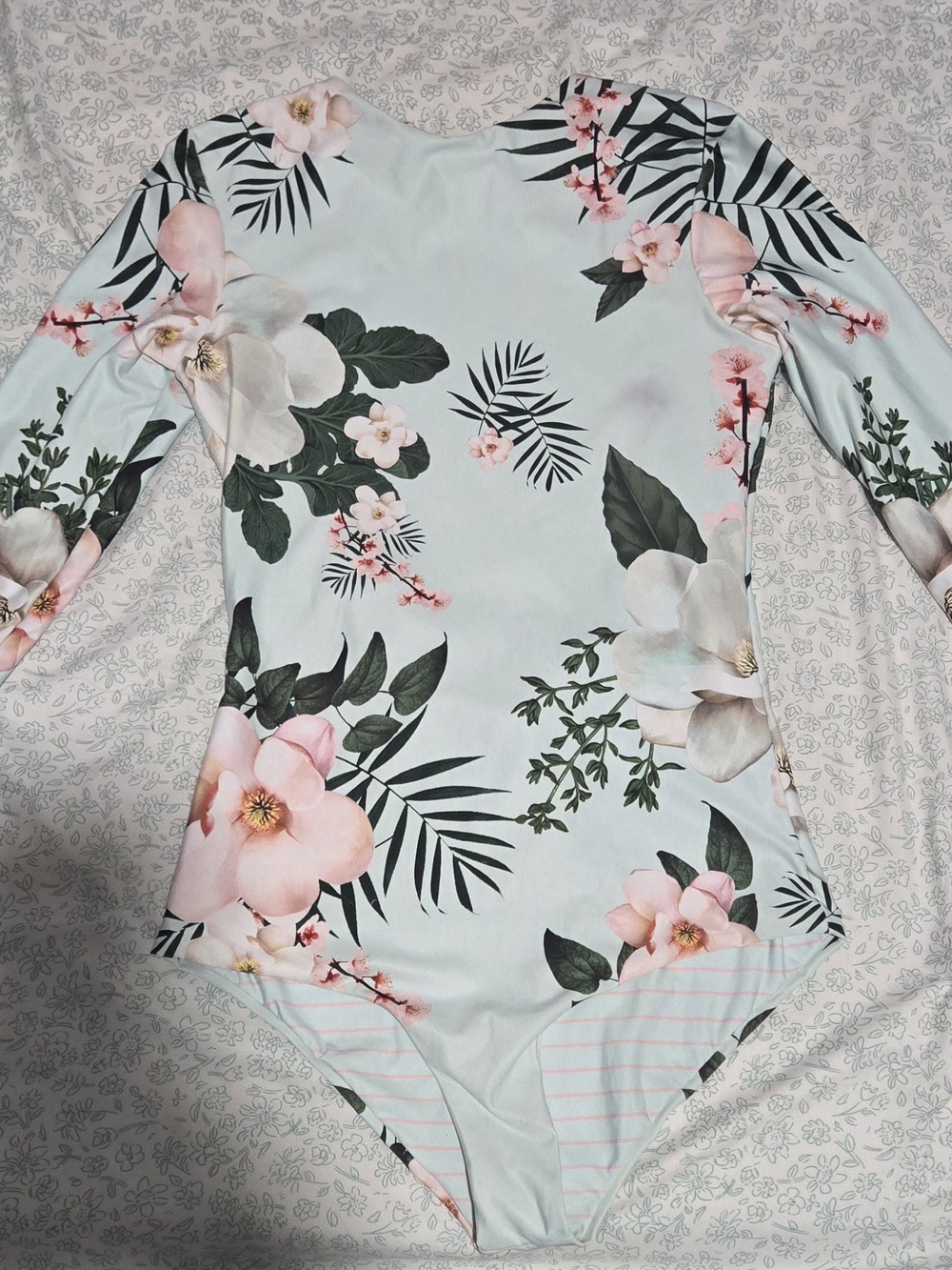 Agua Bendita Light Blue Floral Long-Sleeve One-Piece - Pink & Green